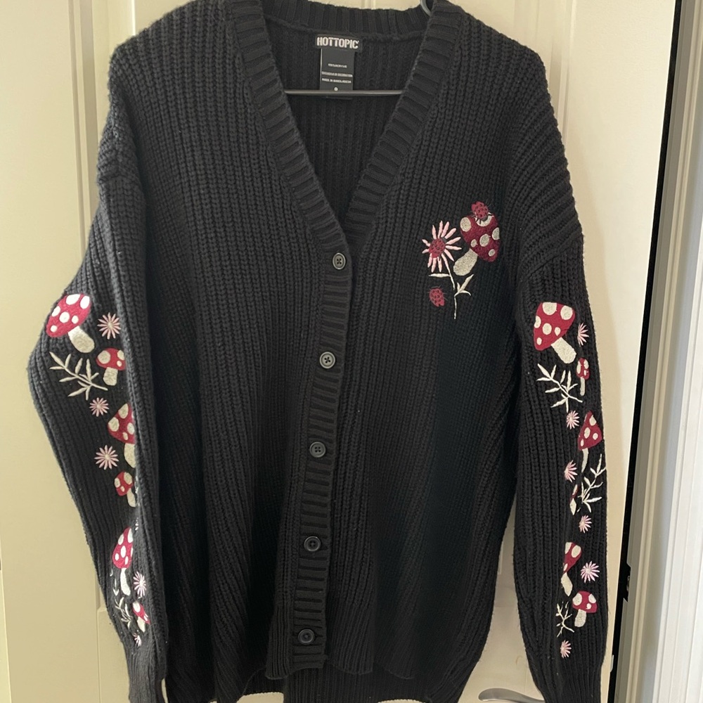 Hot Topic Black and Red Mushroom Floral Embroidered Cardigan